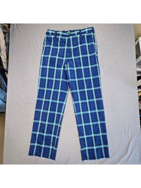 Izod 34x34 Mens Golf Pants Blue Green Plaid Lightweight Performance